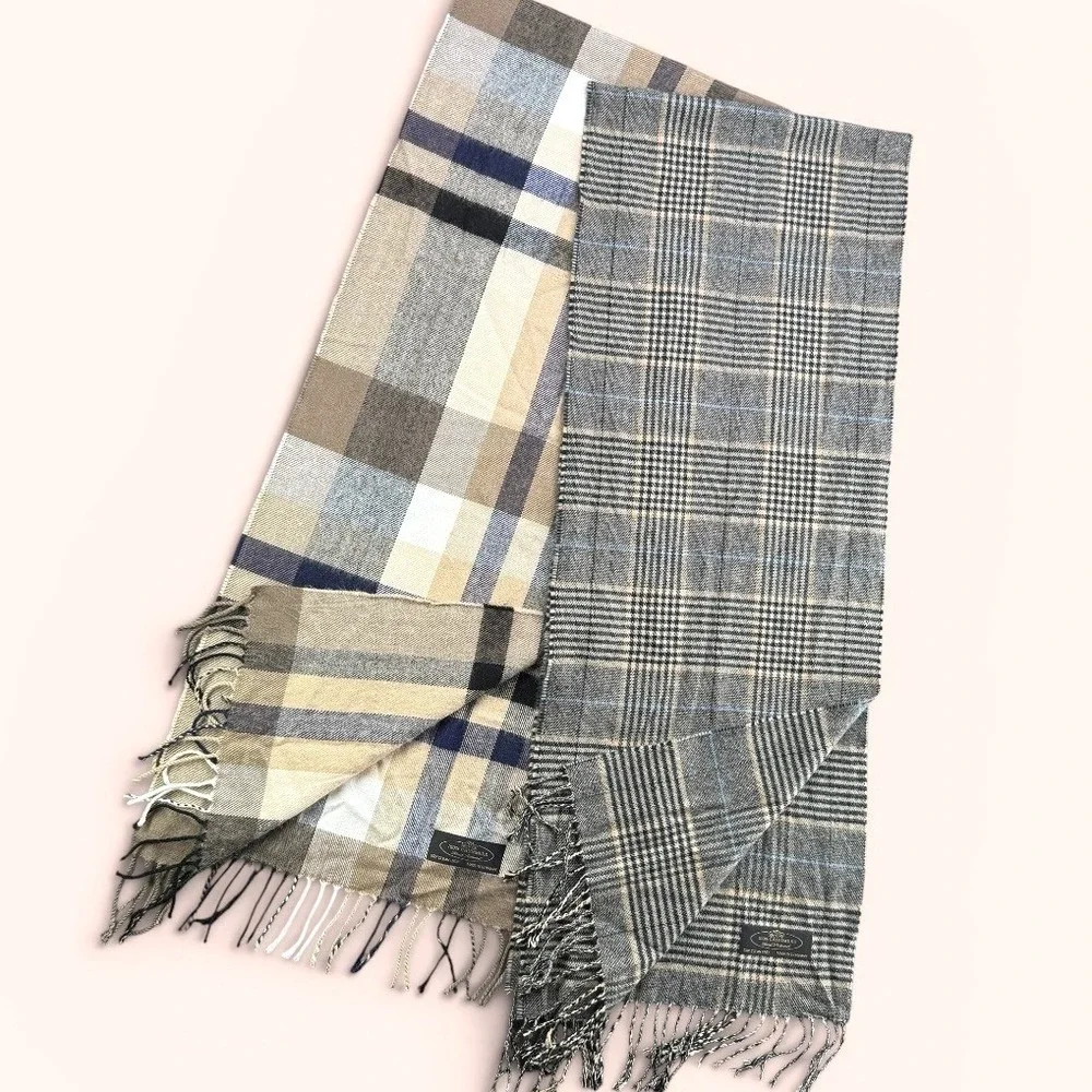 Lot of 2 Hand Tailored Scarf OS Gray Plaid 100% Cashmere Made in Germany Luxury